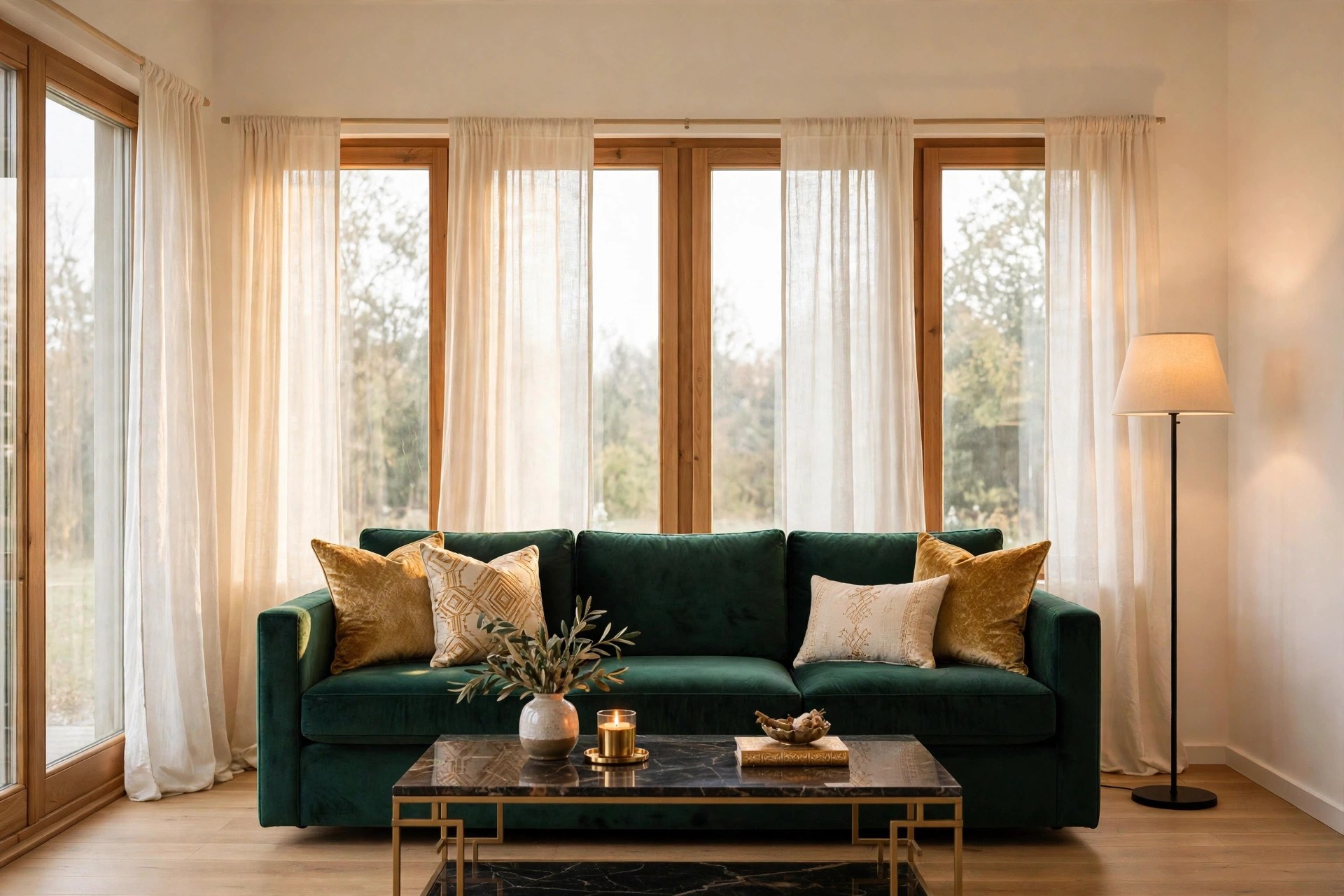 Same living room with a stunning emerald velvet sofa and designer furniture from J. M. Furniture