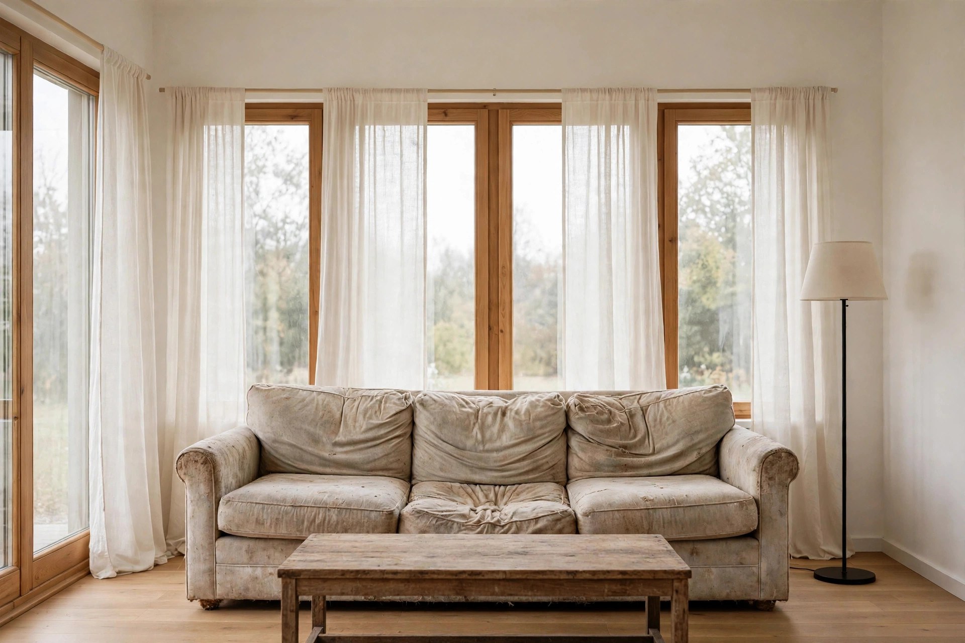 Same living room with old worn-out sagging furniture